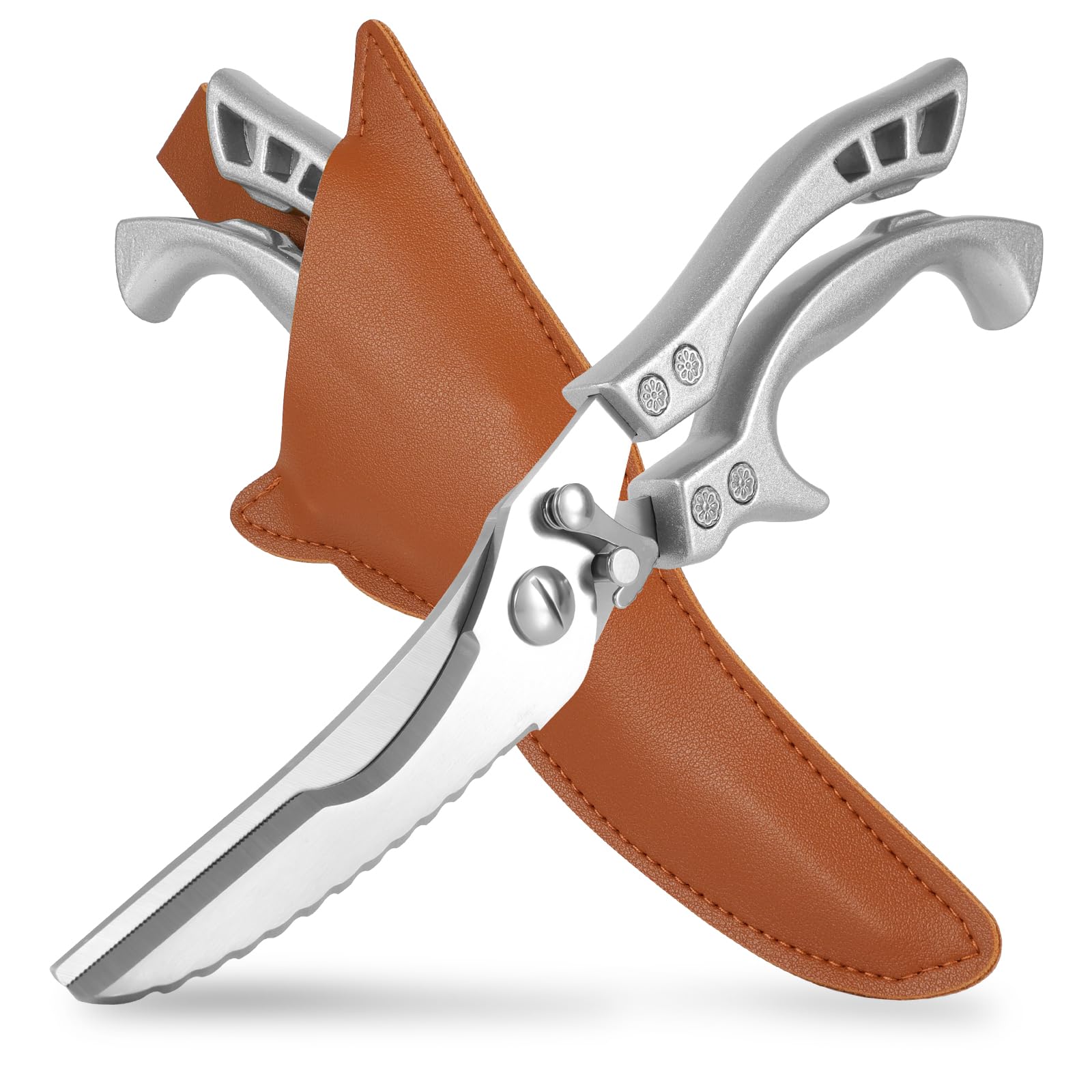 ANDONG front view showing full 10-inch poultry shears and sheath, durable tool benefit
