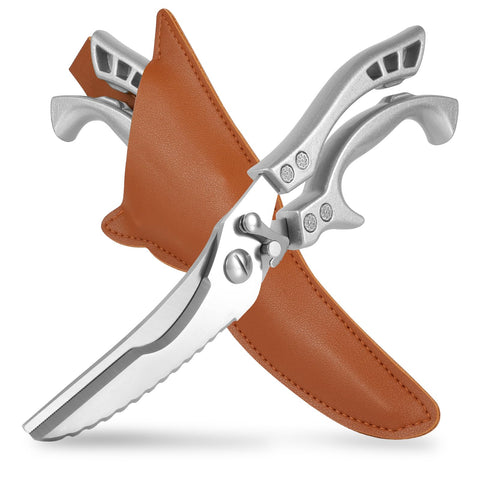 ANDONG front view showing full 10-inch poultry shears and sheath, durable tool benefit