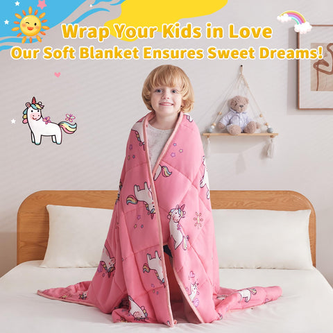 anfie unicorn-patterned blanket draped on bed, making a child’s room playful