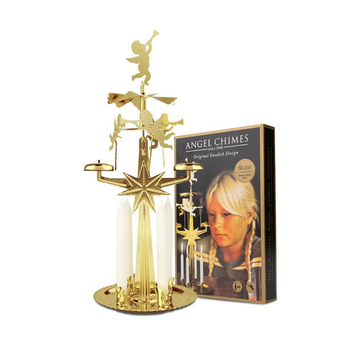 Angel Chimes brass front view showing carousel and candles, brand warmth and charm