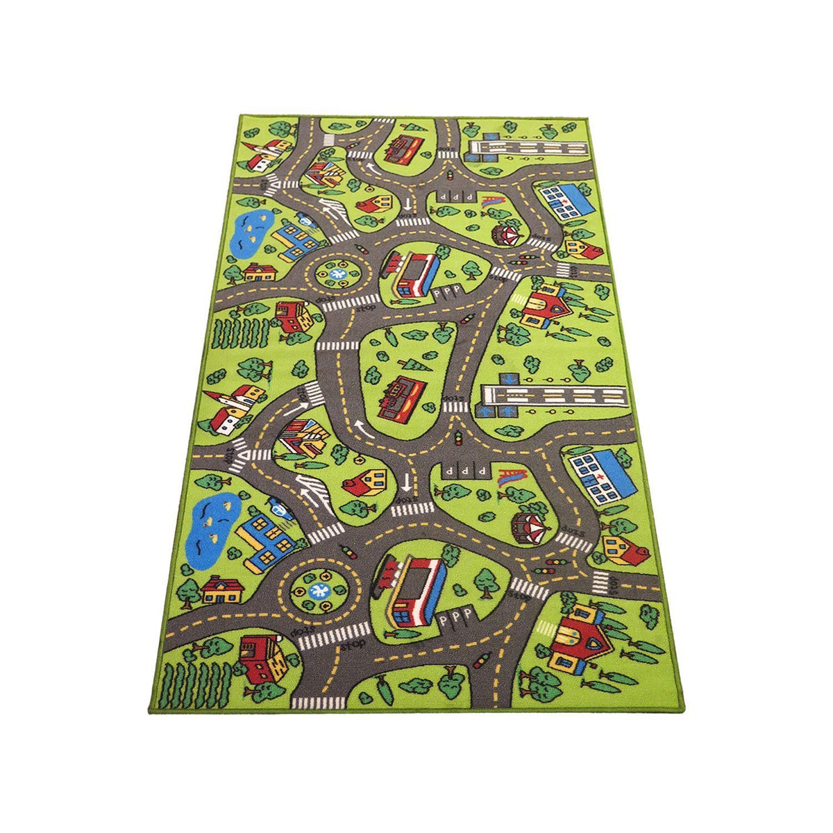 Angels front view of city playmat rug showing full city layout and safe play area