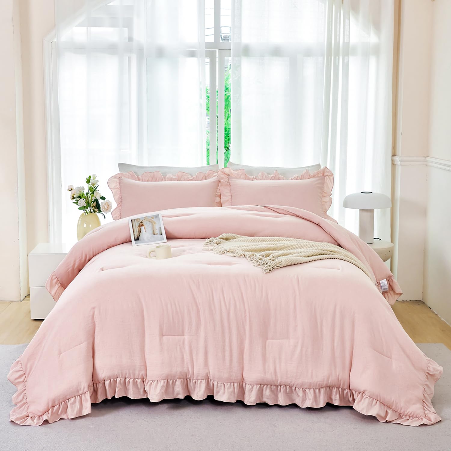 ANGIYUIN front view of blush pink ruffle comforter showing cozy design