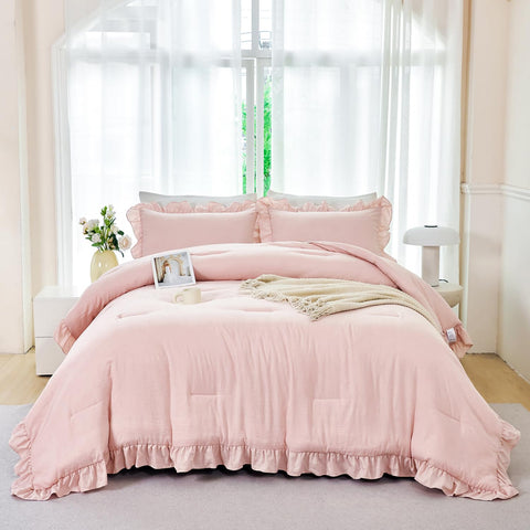 ANGIYUIN front view of blush pink ruffle comforter showing cozy design