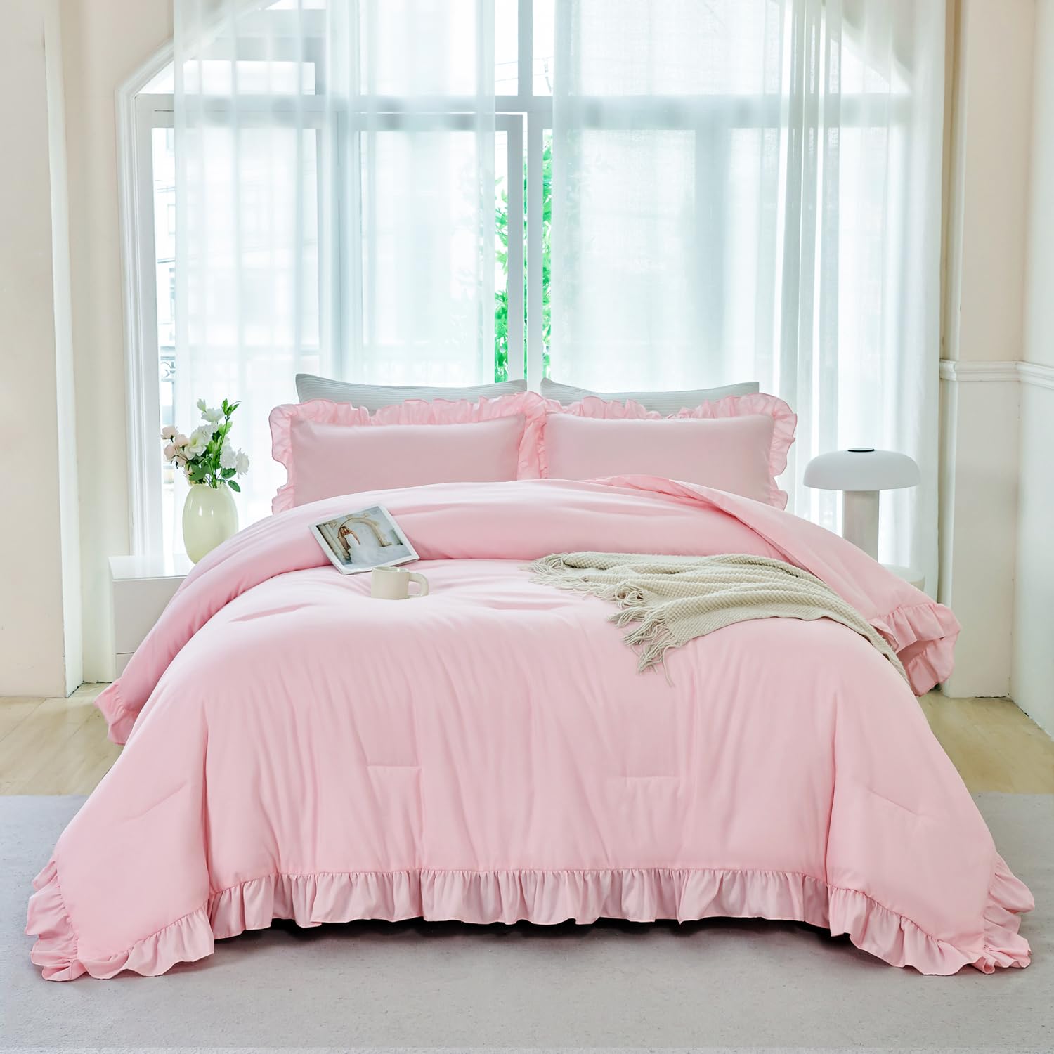 ANGIYUIN front view ruffled comforter showing soft cozy look