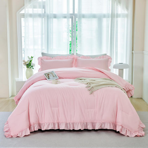 ANGIYUIN front view ruffled comforter showing soft cozy look