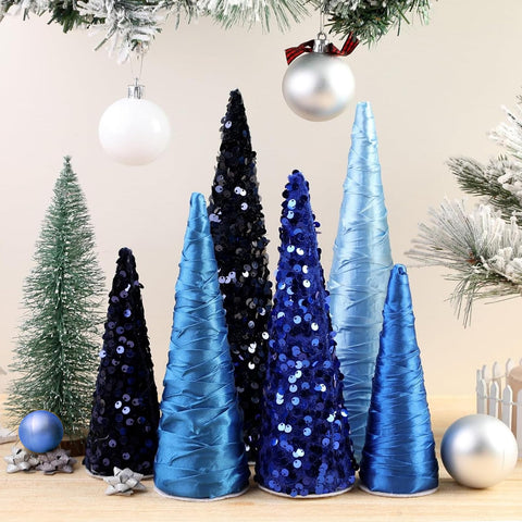Anglechic blue cone trees front view showing festive centerpiece appeal