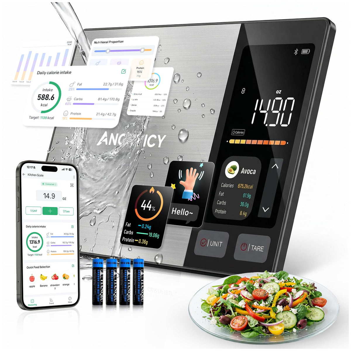 Angryicy front view of smart food scale showing compact design and stability benefit