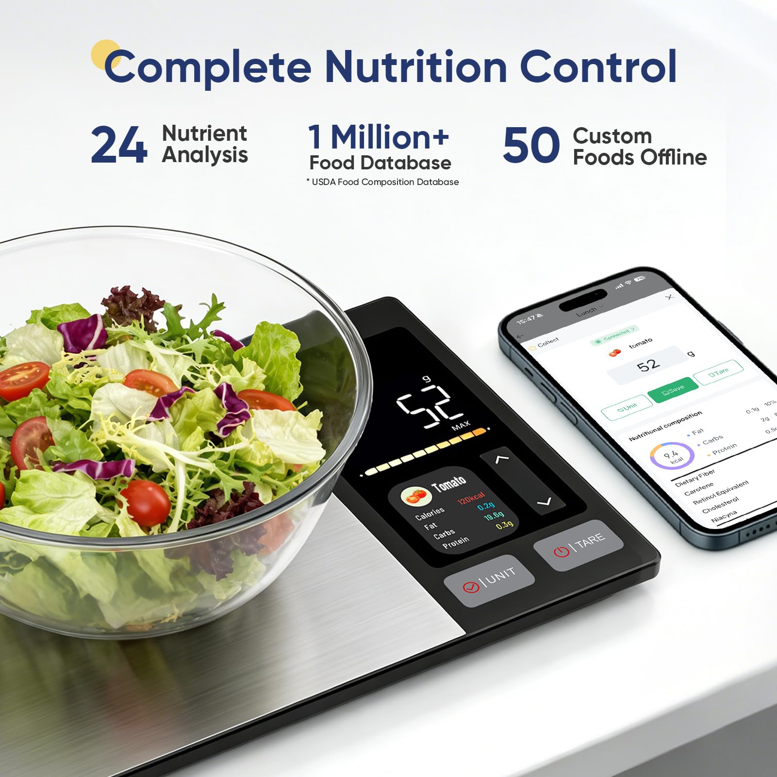 Angryicy close-up of TFT display for clear nutrient and weight readability benefit