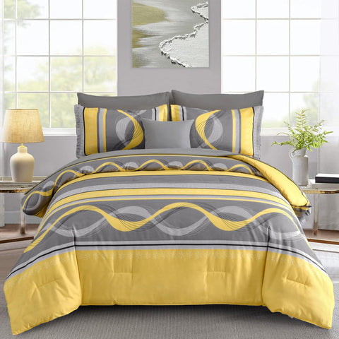 Anibedding comforter front view showing vibrant yellow patchwork benefit: brightens room