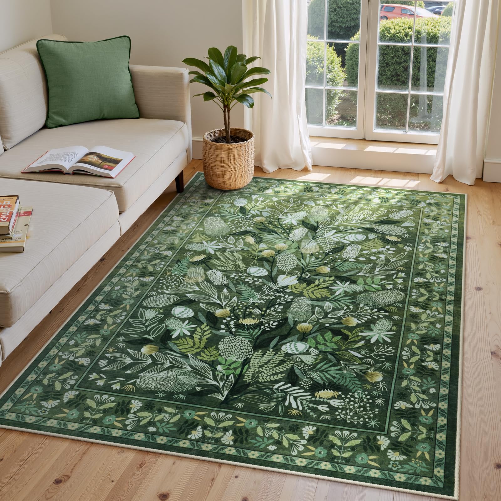 Anidaroel front view of green botanical rug showing ombré floral benefits soft style