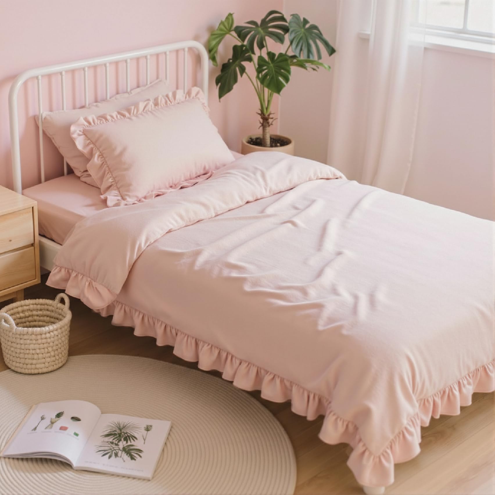 Anluoer front-angled twin comforter showcasing full ruffle and soft drape for style