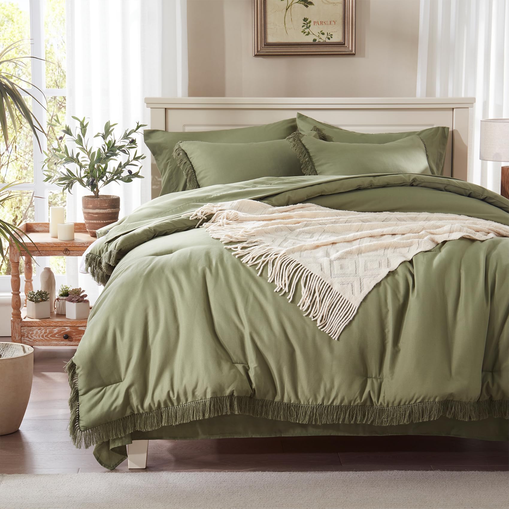 Anluoer front view of queen comforter set showing olive green bed styling and instant room update