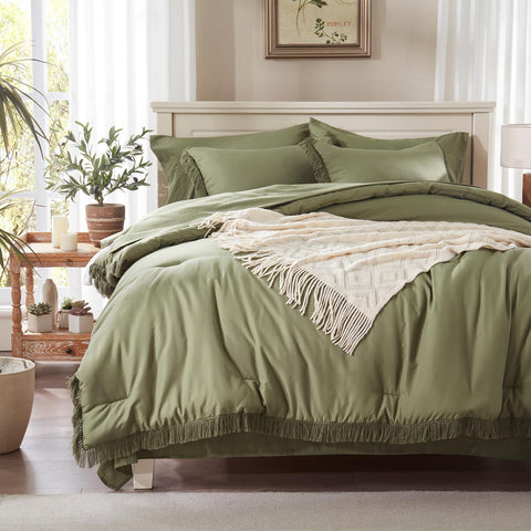 Anluoer front view of queen comforter set showing olive green bed styling and instant room update