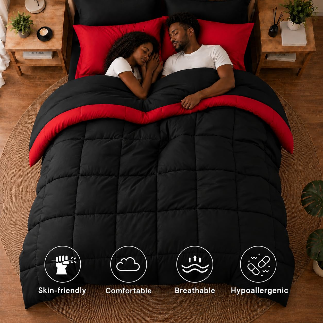 Anluoer comforter black side displayed flat for a sleek modern look benefit