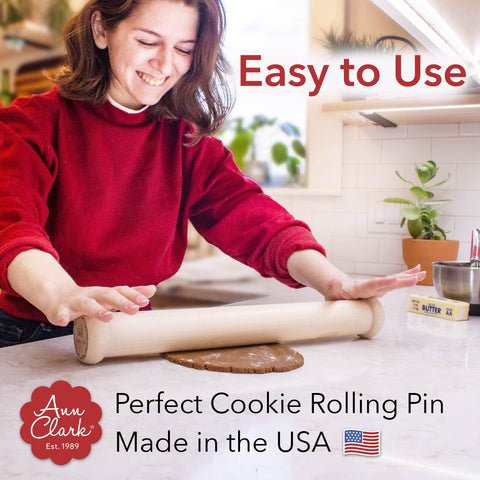 Ann Clark in-use rolling dough with cutters showing uniform cookie thickness