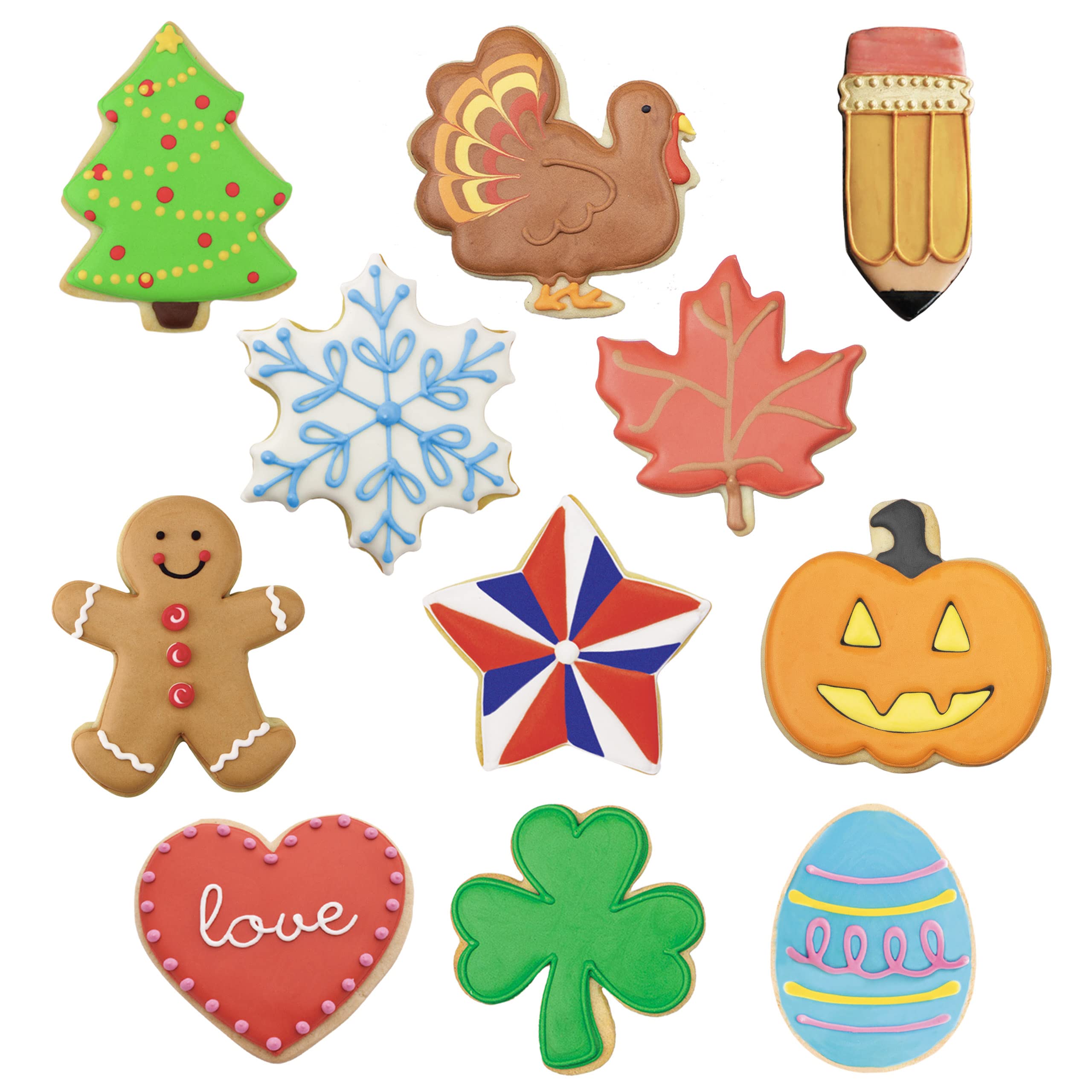 Ann Clark layout of all 11 shapes on a wooden board ready for cookie cutting and baking