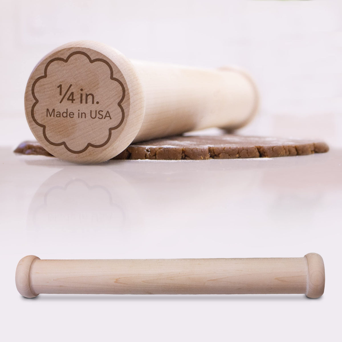 Ann Clark rolling pin front view showing hardwood and length for even rolls