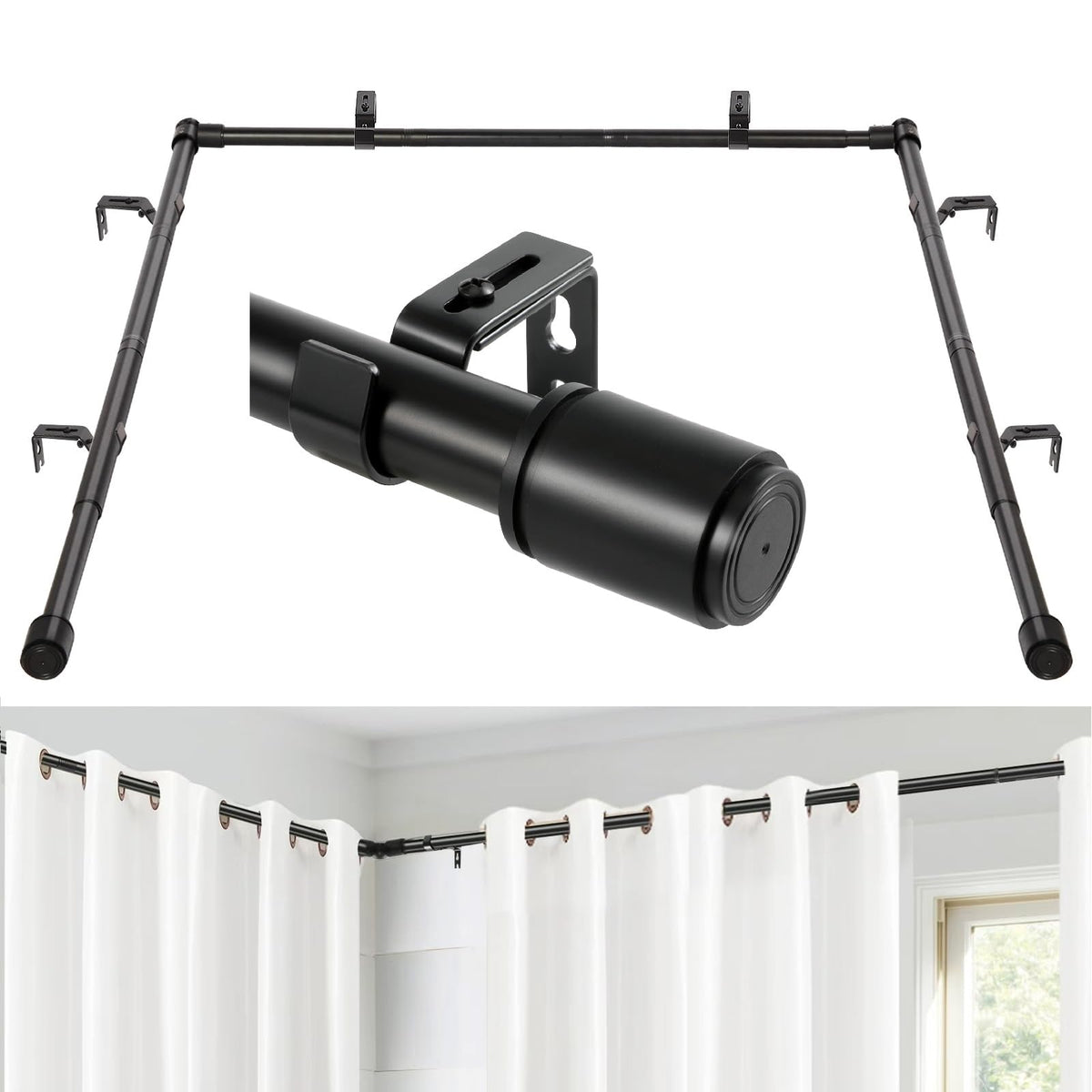 Anndason packaged curtain rod set showing complete kit and benefit versatile fit