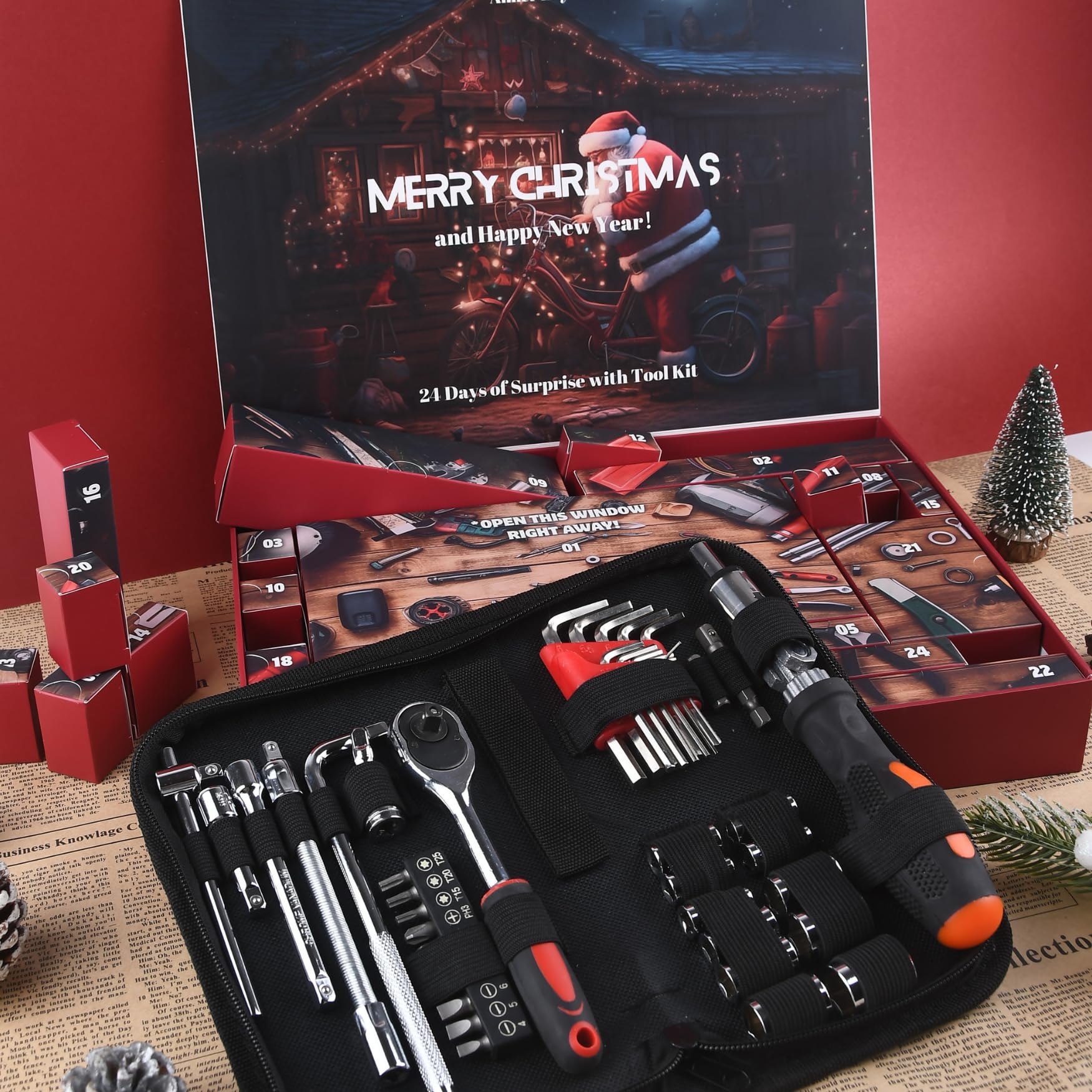 Anner Lily tools laid out from calendar showcasing complete 24-piece kit for versatile repairs