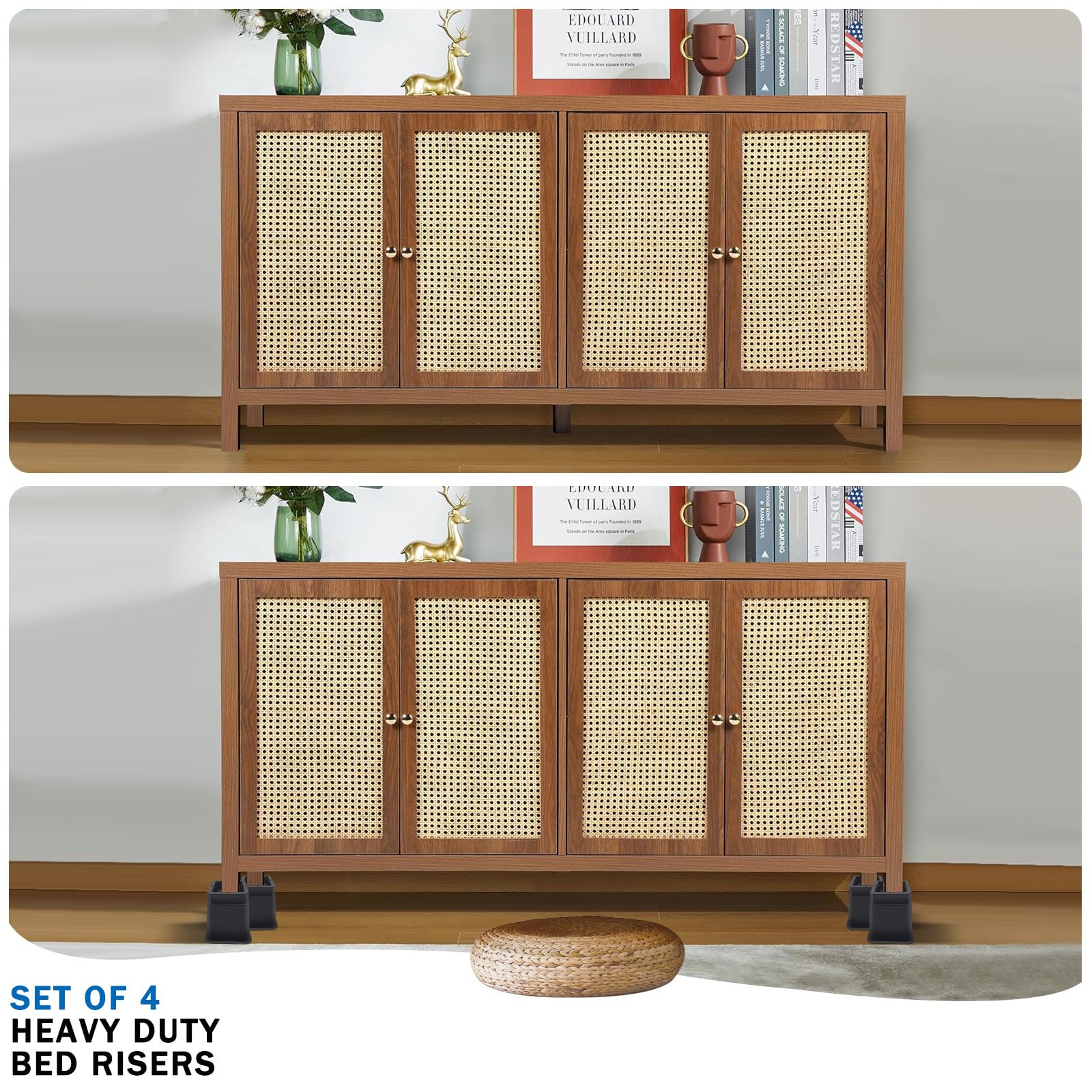 ANNKUT risers on wood floor with felt pad protecting surface