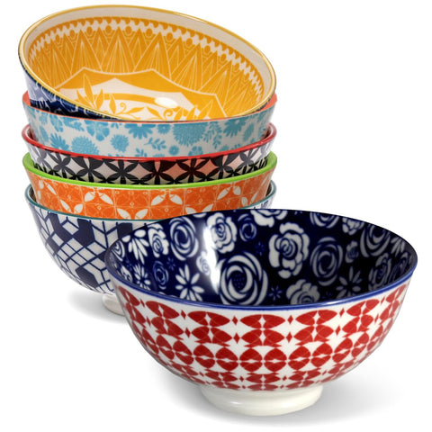 Annovero front view of six colorful porcelain bowls shows vibrant patterns and service appeal