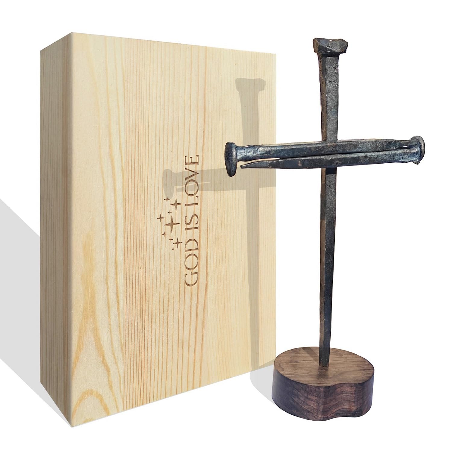 annrose front view crucifix showing iron nails and sandalwood base for devotional display