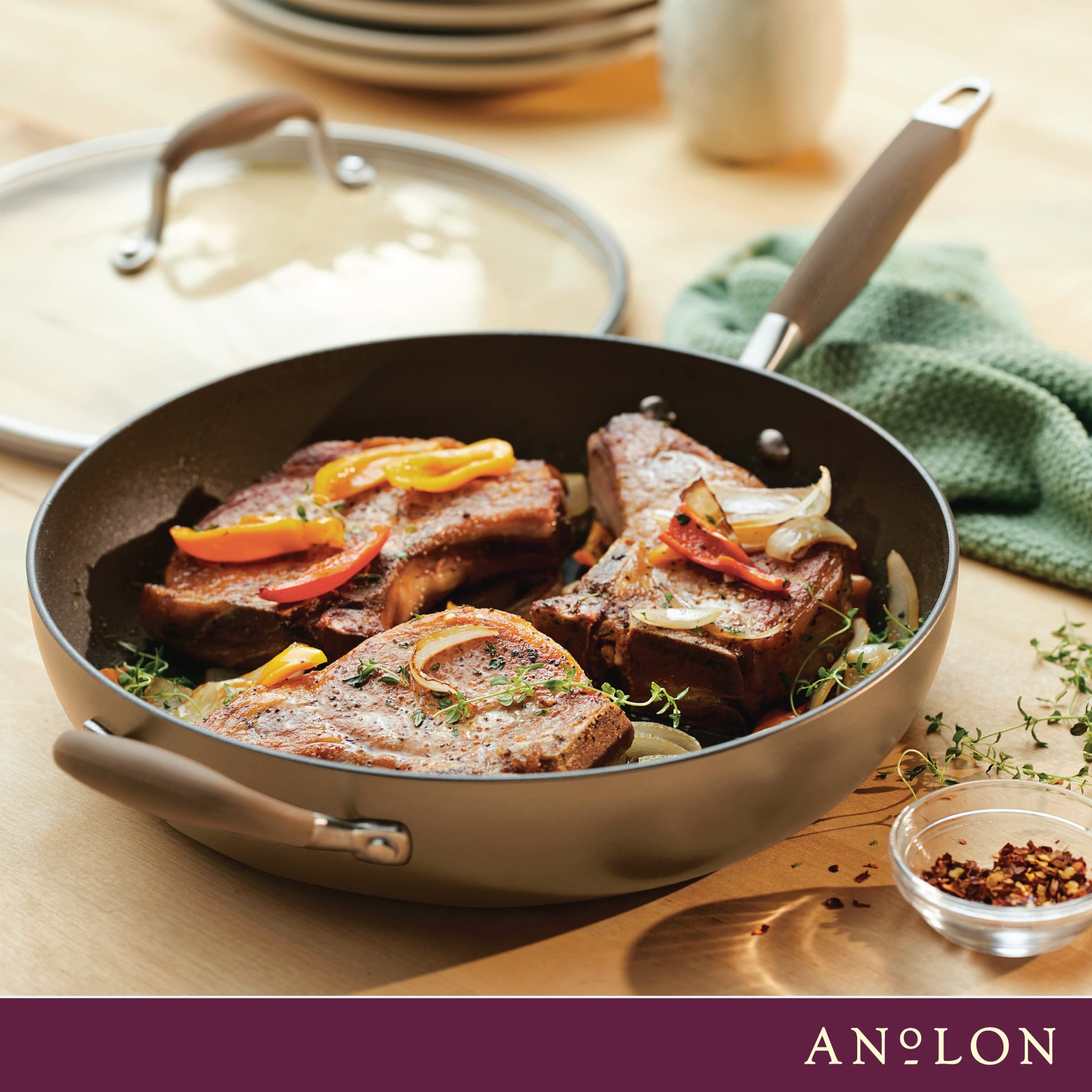 Anolon closeup of nonstick surface for easy food release and simple cleanup