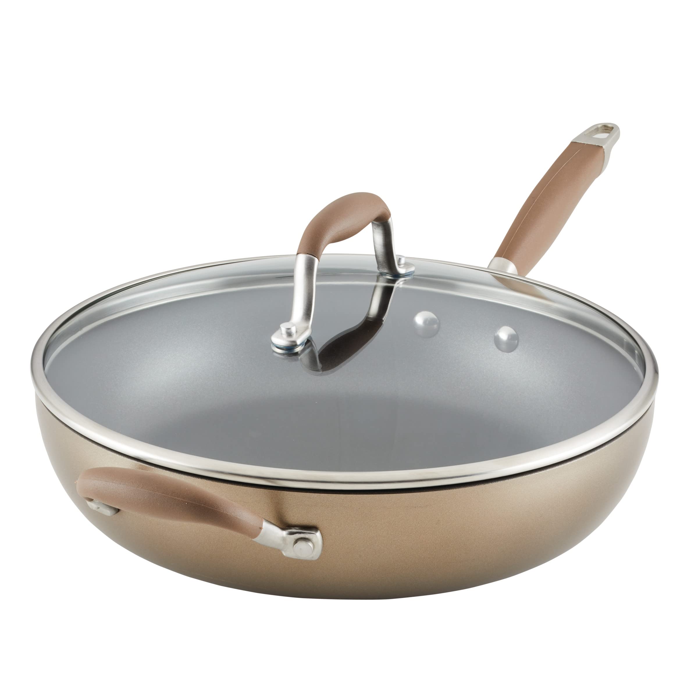 Anolon front view with lid showing roomy deep skillet and quick heating benefit