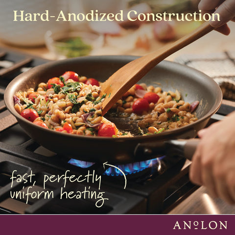 Anolon skillet in use cooking chicken for even browning and family meals