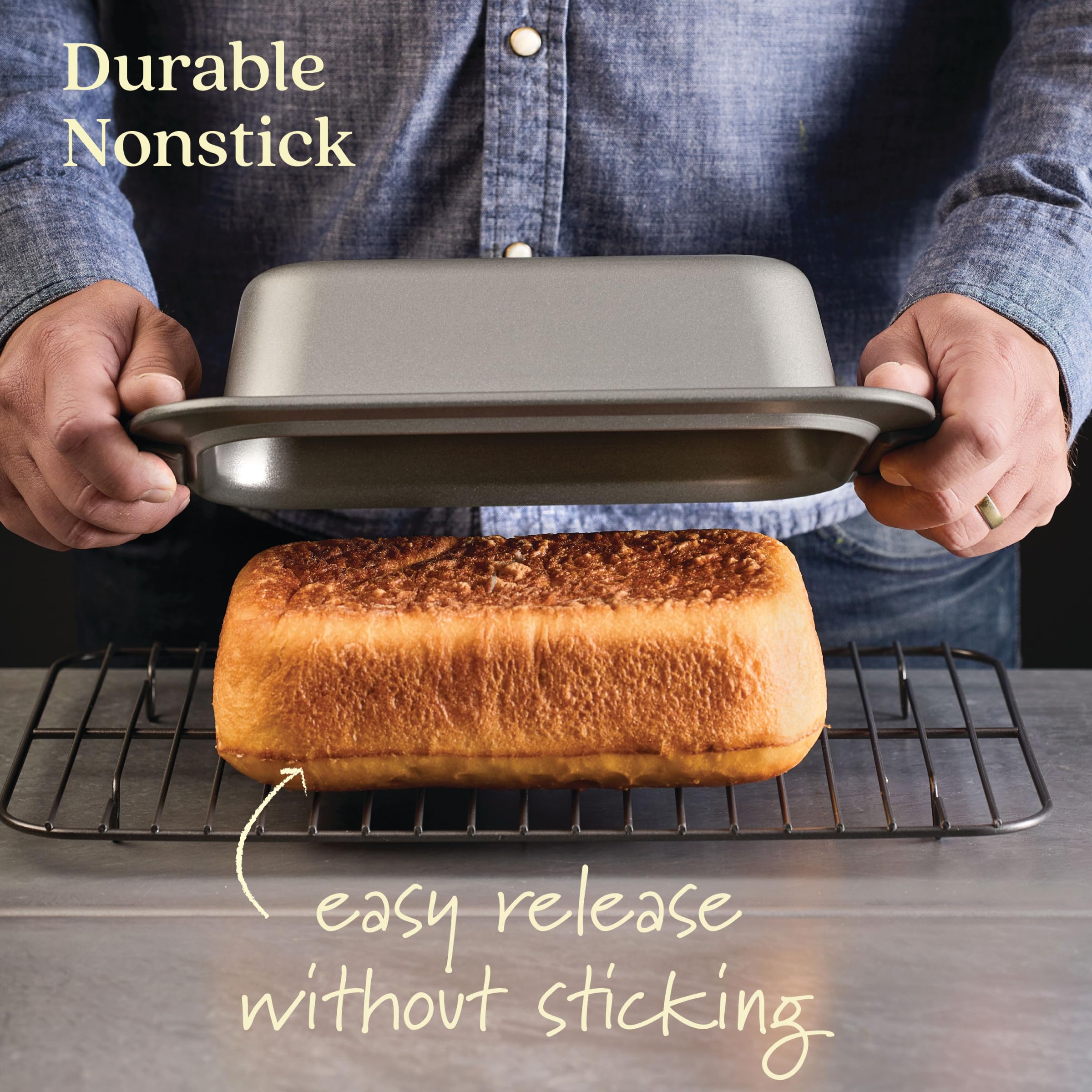 Anolon pans in oven baking loaves for consistent browning benefit