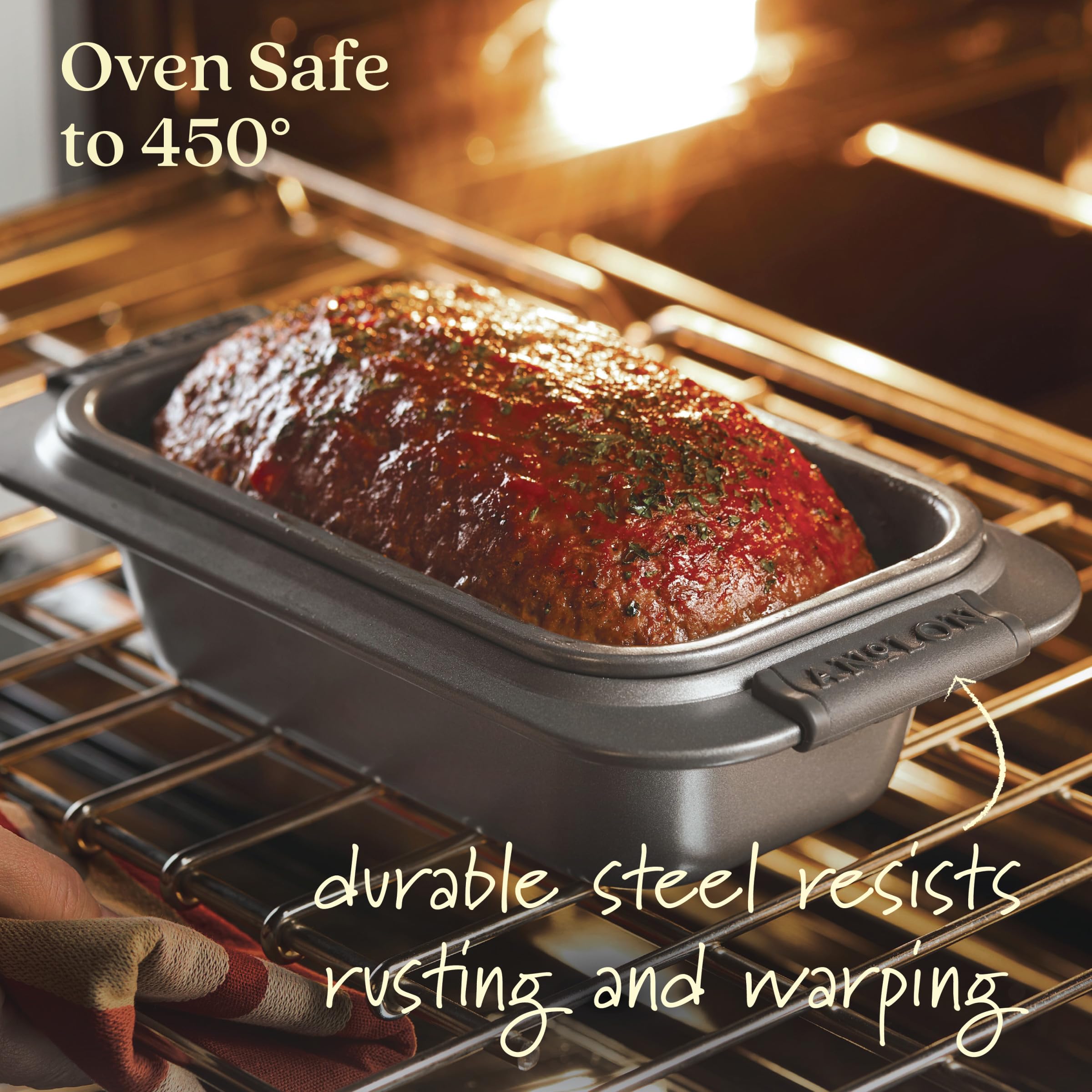 Anolon pan beside ruler showing 9x5-inch size for recipe fit