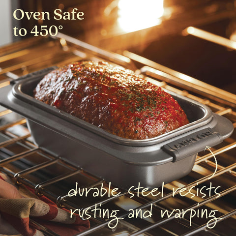 Anolon pan beside ruler showing 9x5-inch size for recipe fit