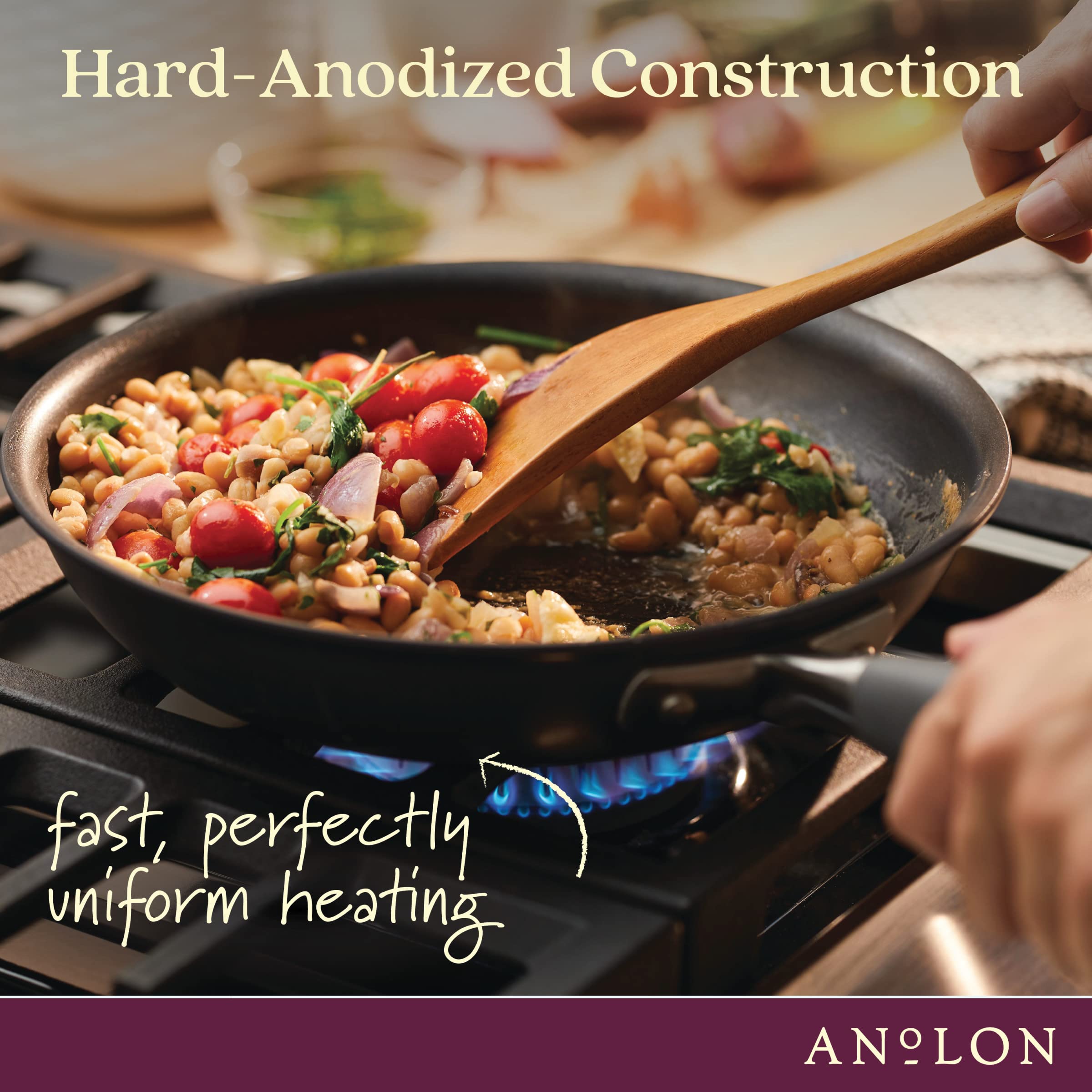 Anolon Moonstone sautéing vegetables on stovetop for even heat and browning