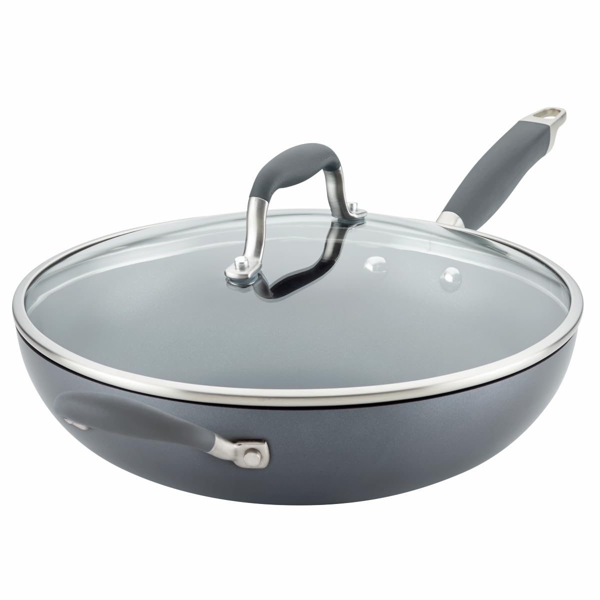 Anolon moonstone front view showing pan and lid, showcasing capacity and style