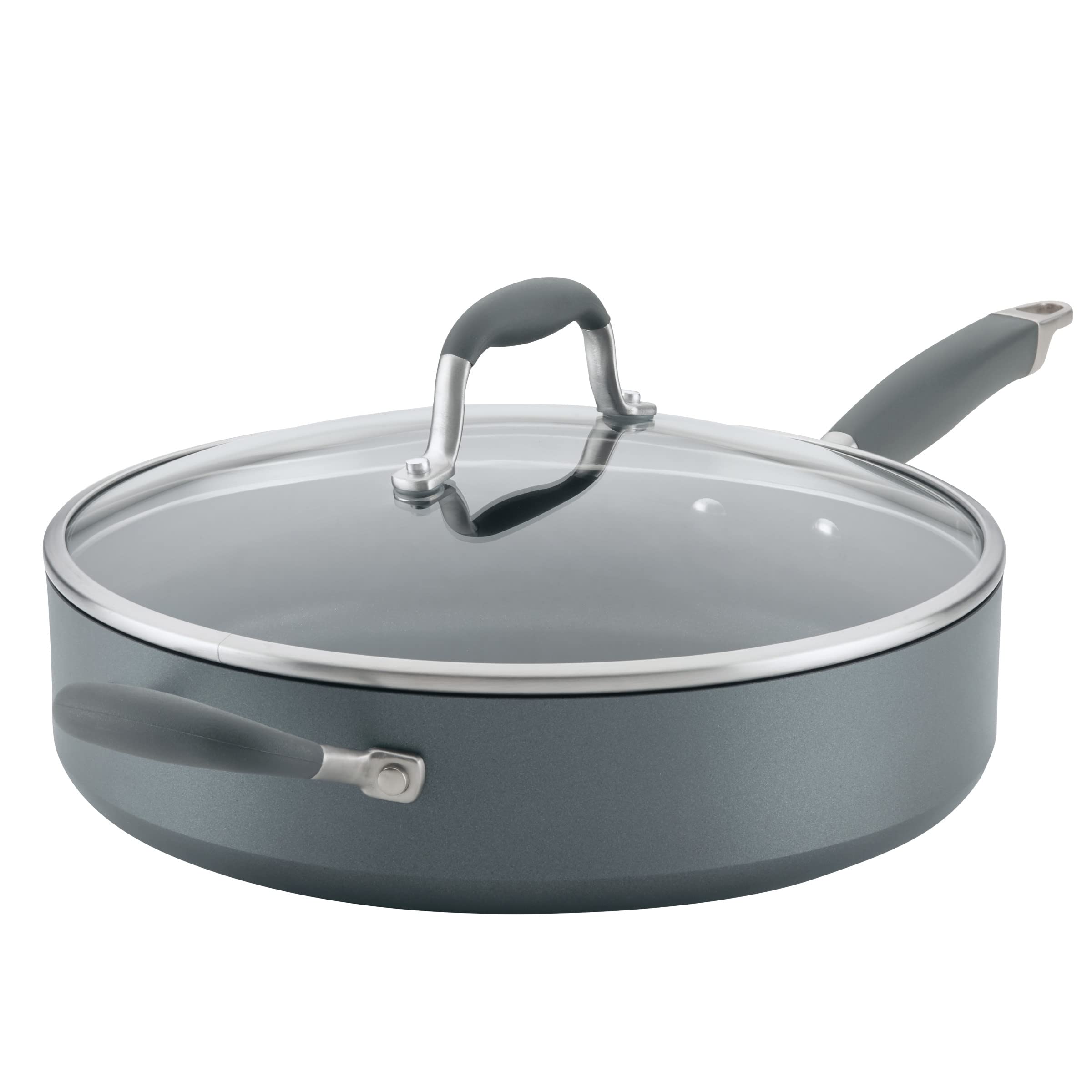 Anolon Moonstone front view showing polished nonstick and lid for easy serving