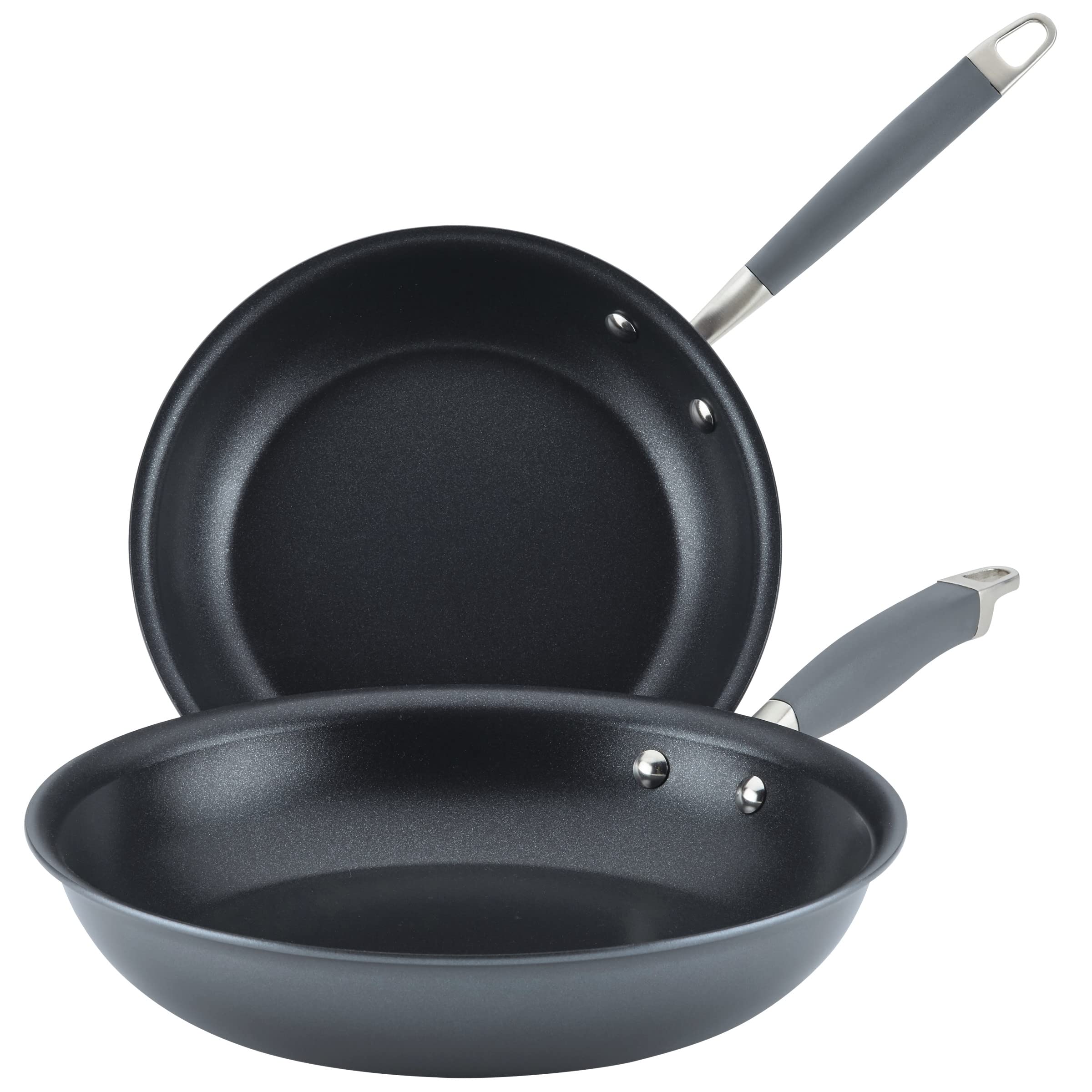 Anolon Moonstone front view showing two pans and durable finish