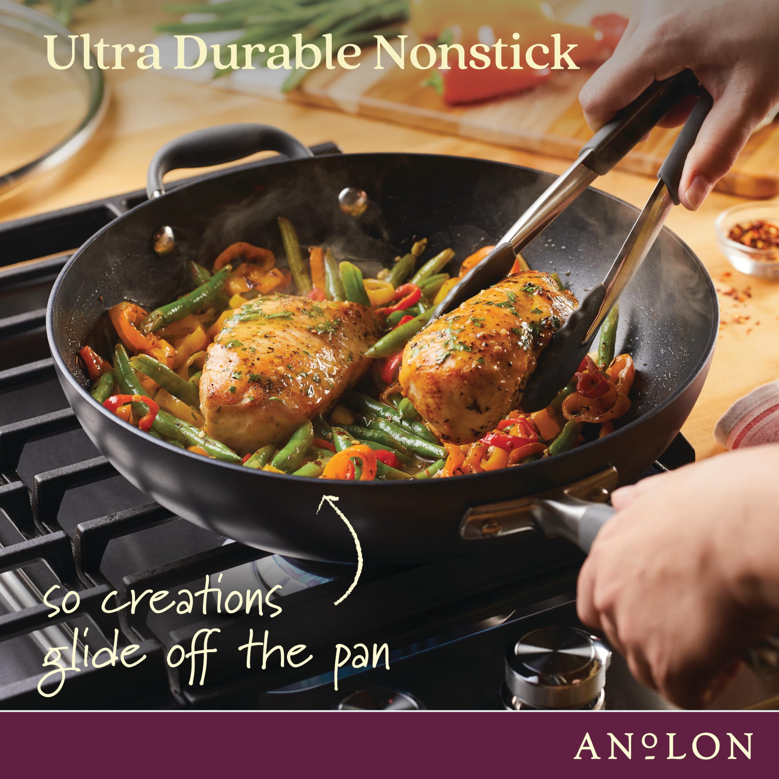 Anolon pan with lid in place illustrating covered cooking and braising benefit