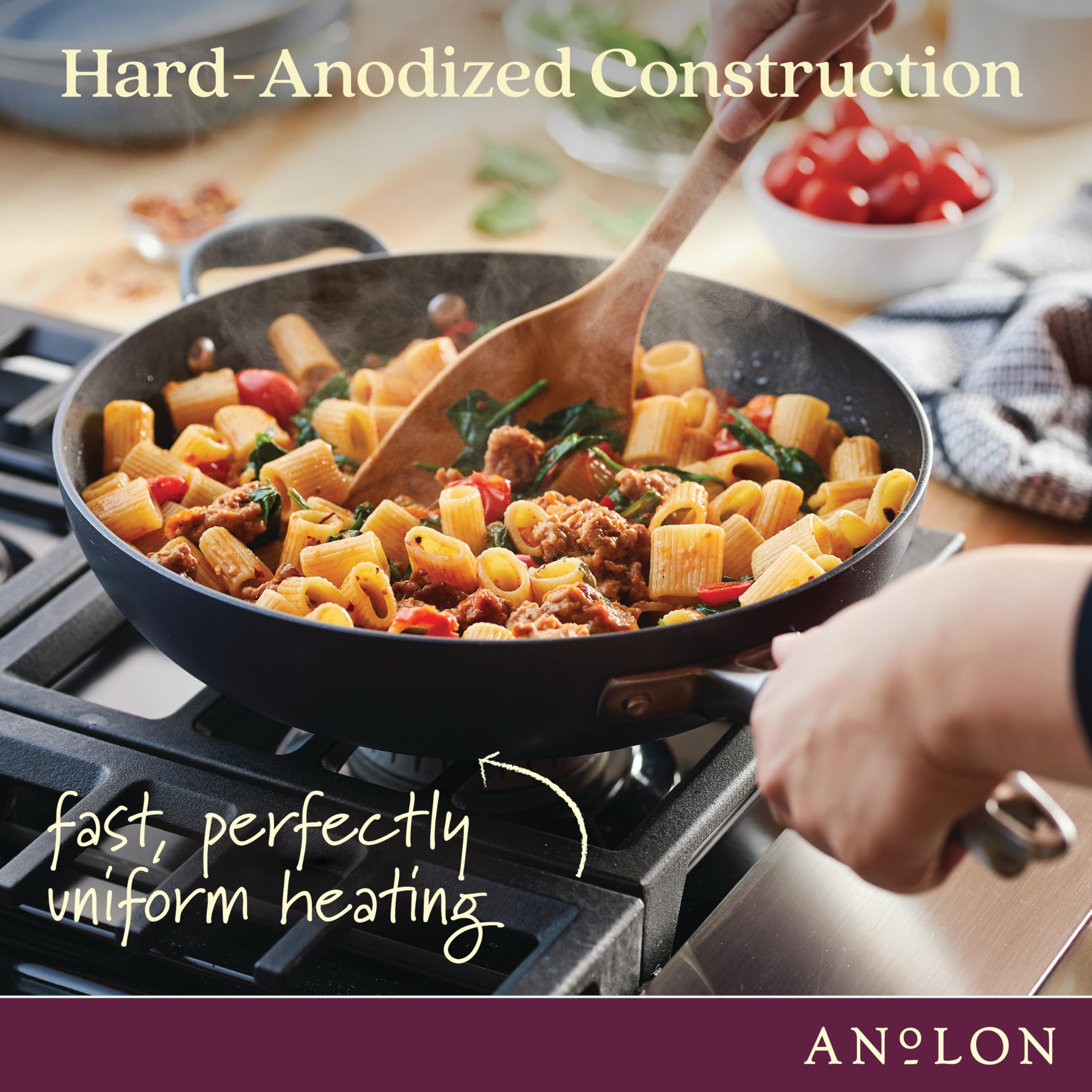 Anolon pan inside oven demonstrating oven-safe up to 400°F versatility