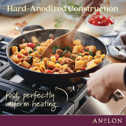 Anolon pan inside oven demonstrating oven-safe up to 400°F versatility
