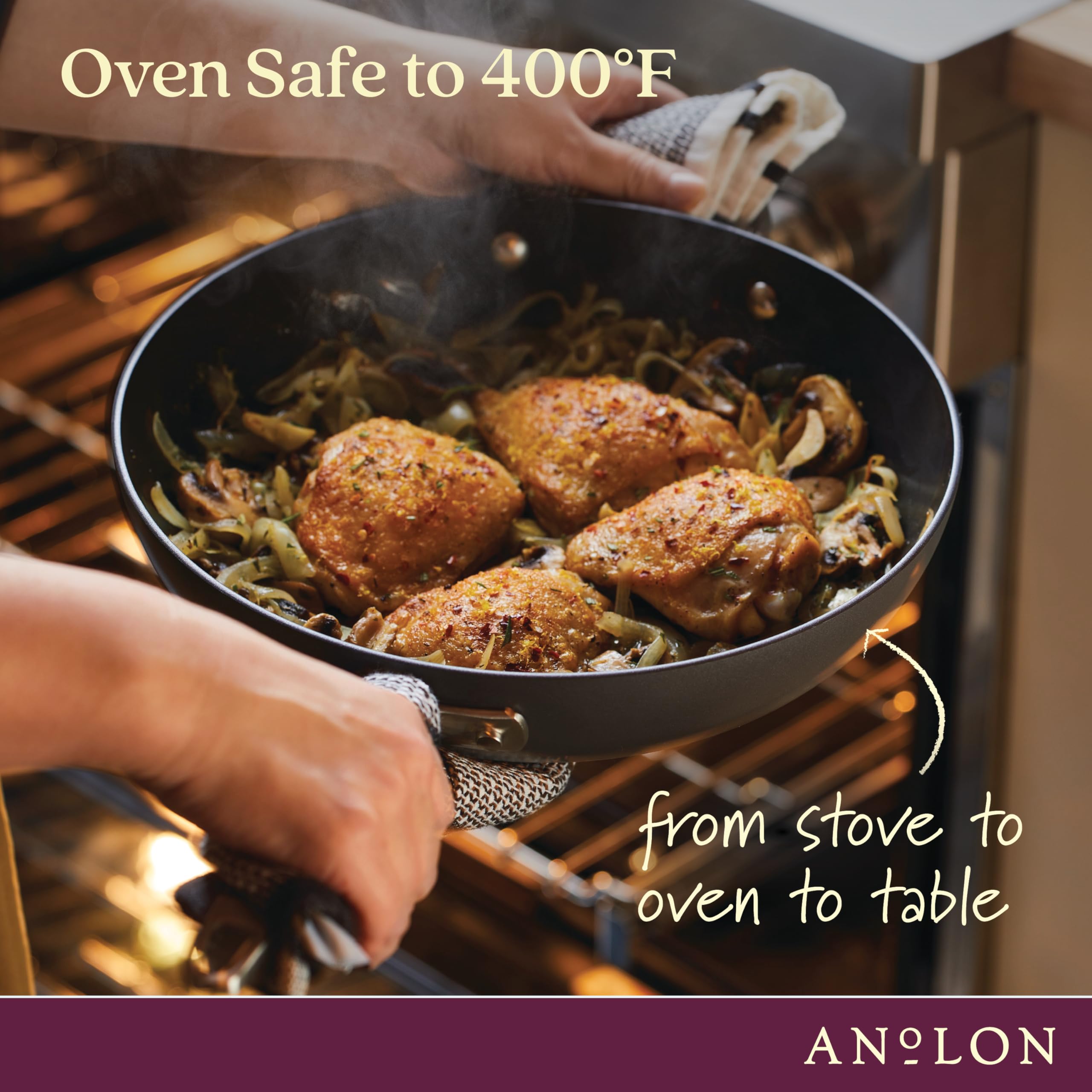 Anolon textured hard-anodized finish close-up conveying durable even heat