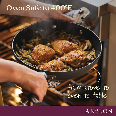 Anolon textured hard-anodized finish close-up conveying durable even heat