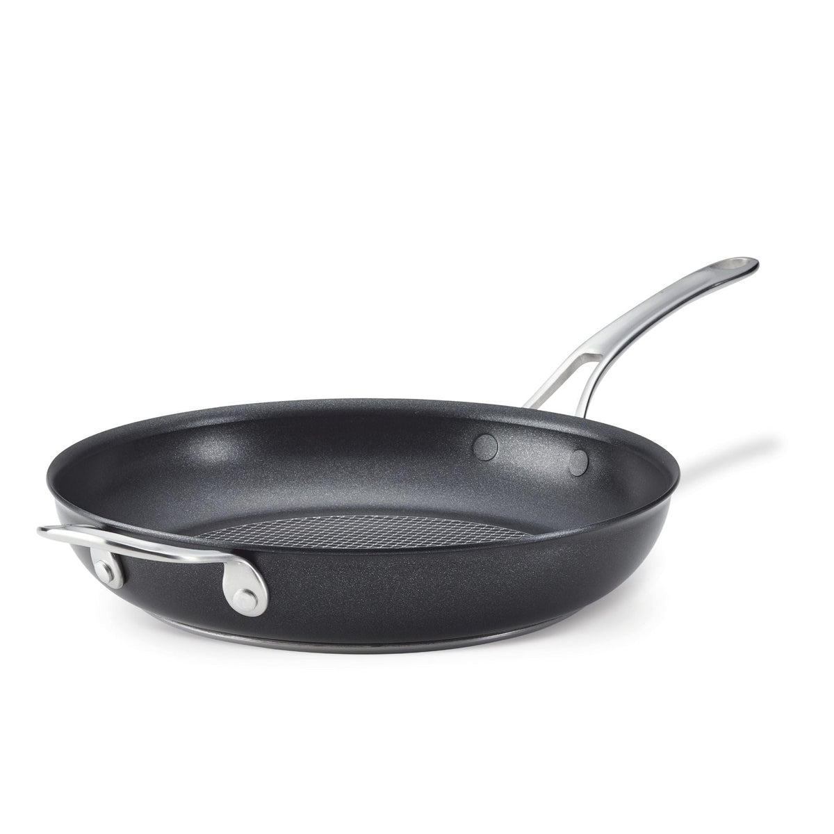 Anolon X 12-inch front view showing sleek hybrid nonstick and helper handle, improved control