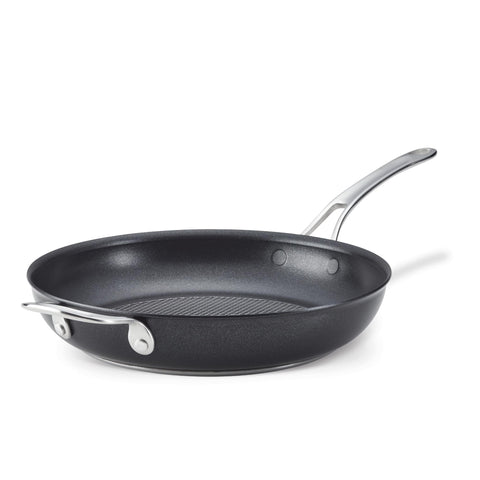 Anolon X 12-inch front view showing sleek hybrid nonstick and helper handle, improved control
