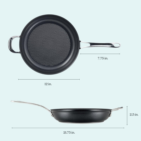 Anolon X next to utensil for scale demonstrating metal-utensil-safe surface and durability