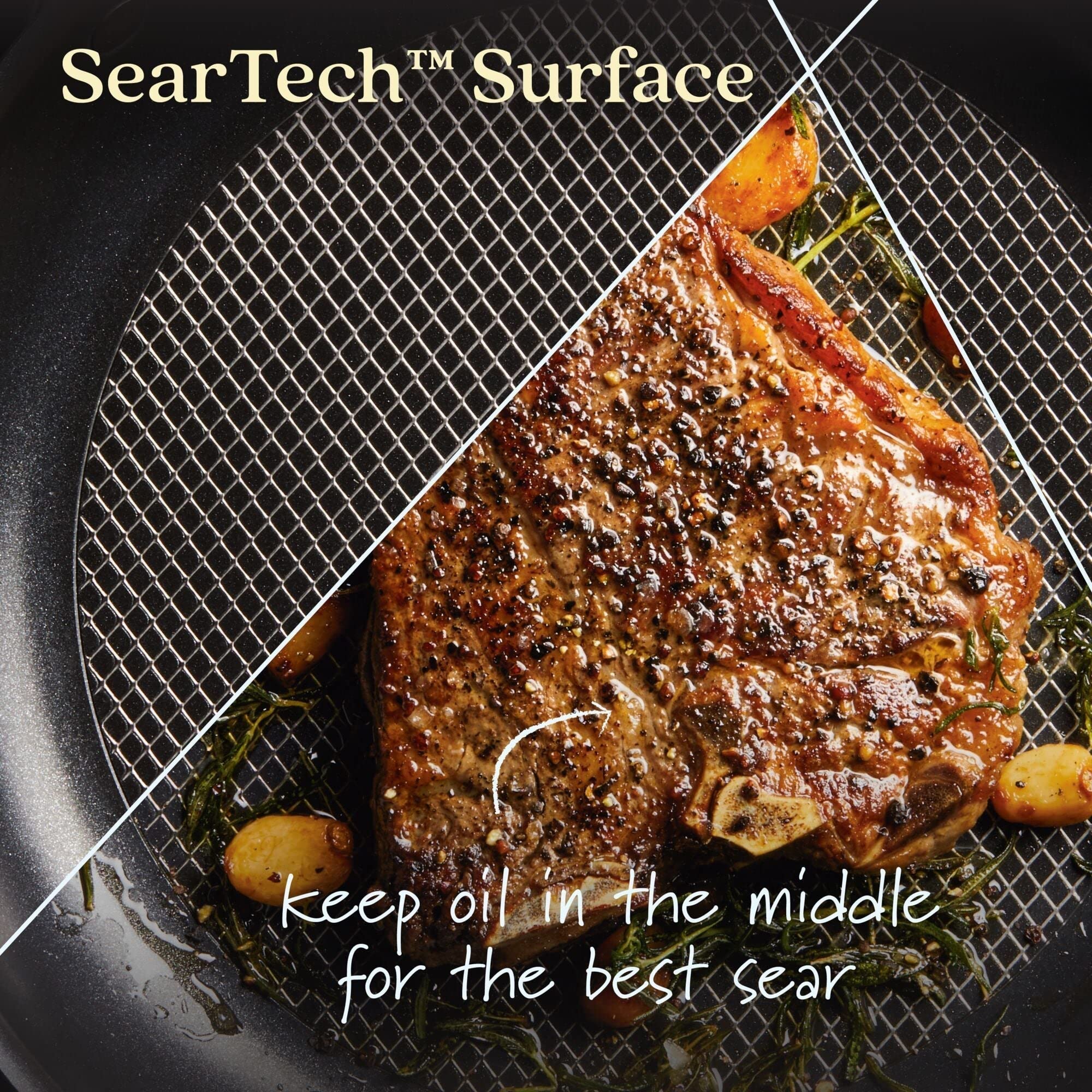 Anolon X mesh texture detail revealing SearTech mesh for concentrated oil and better searing