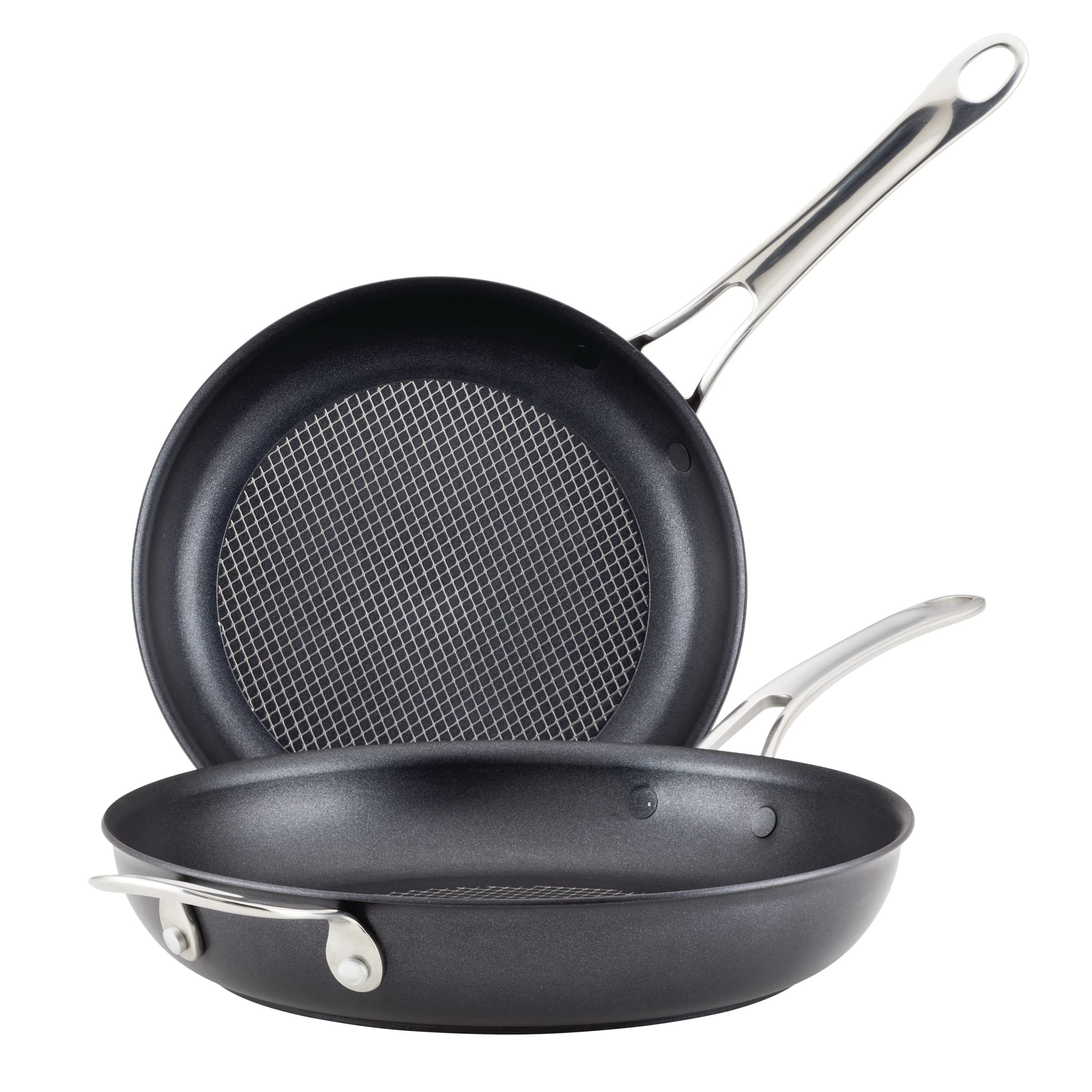 Anolon X front view showing both skillets and dark gray finish benefits even searing