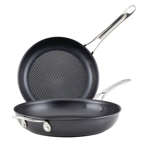 Anolon X front view showing both skillets and dark gray finish benefits even searing