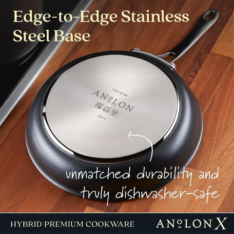 Anolon X dual-riveted handle close-up delivering secure grip and confident control