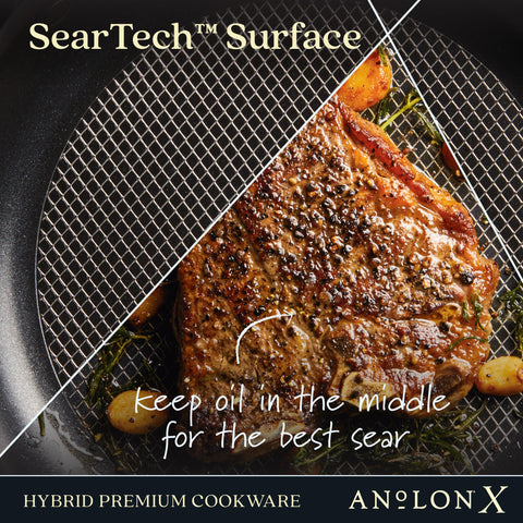 Anolon X in oven at 500°F highlighting oven-safe finish for finishing dishes