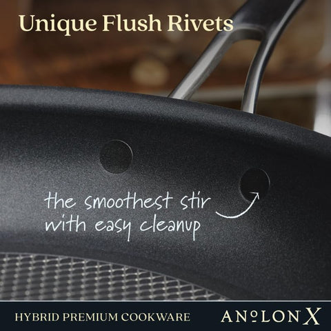Anolon X frying pan searing a steak for deep caramelization and flavorful crust